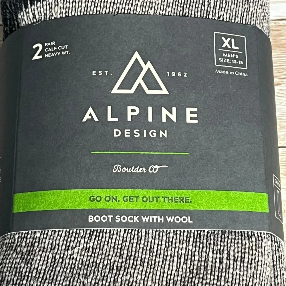 Alpine Design Men's XL Boot Sock‎ Wool Blend Heavyweight Black Beige 2 Pair